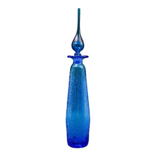 Rainbow Mid-Century Modern #9701 Blue Art Glass Crackle Long John Decanter Genie Bottle For Sale