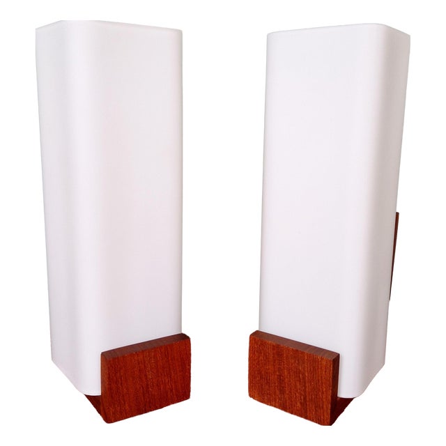 Teak and Satin White Opaline Wall Lights by Louis Kalff for Philips, 1960s, Set of 2 For Sale