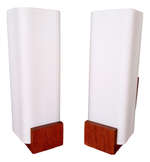 Teak and Satin White Opaline Wall Lights by Louis Kalff for Philips, 1960s, Set of 2