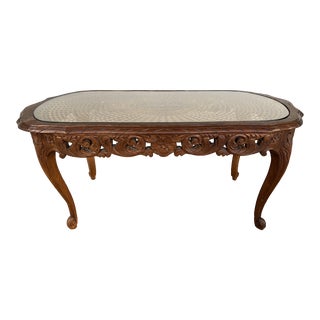 French Louis XV Style Carved Wood Cane & Glass Oval Top Coffee Side Table For Sale