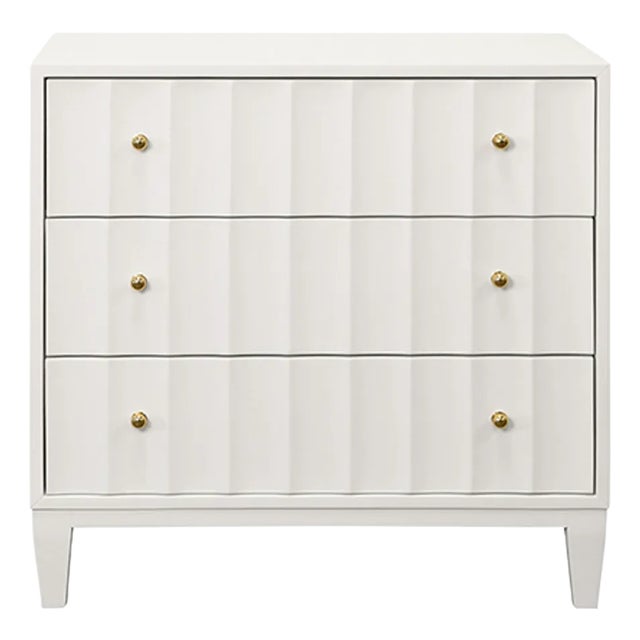 Matthew Izzo Home - Carmack Fluted Matte White Lacquer Three Drawer Side Table With Brass Knobs For Sale