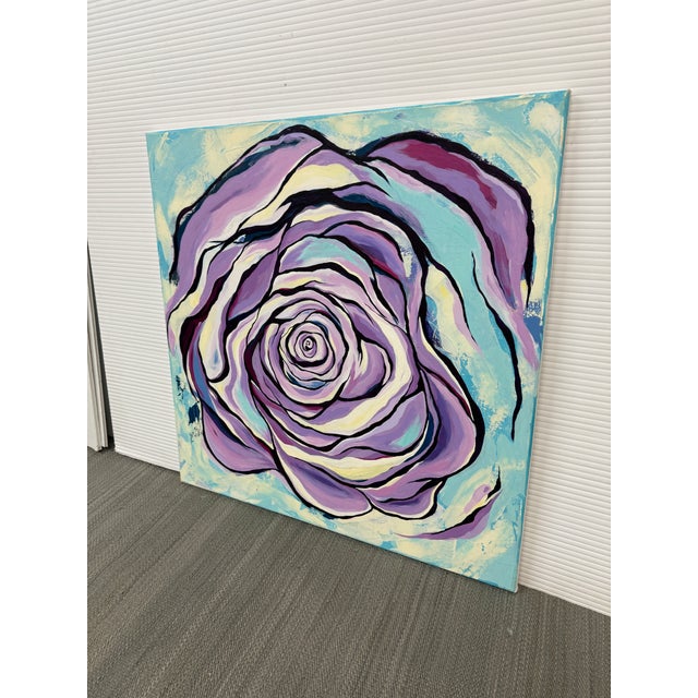 Pop Art P. Black Signed Pop Art Stylized Teal + Lavender Rose Acrylic Painting For Sale - Image 3 of 12