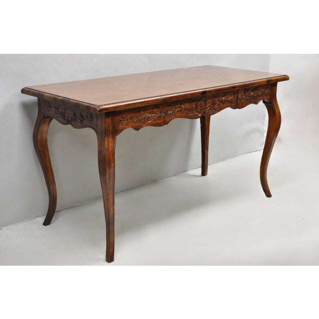 Vintage French Country Pine Wood Distress Carved One Drawer Cabriole Leg Writing Desk with Floral Carvings on all Sides....