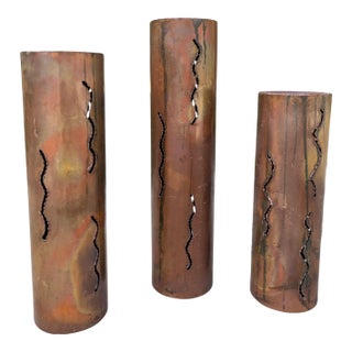 1960s Brutalist Torched Cut Copper Metal Pillar Candle Holders-Set of 3 For Sale