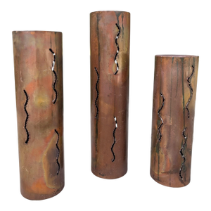 1960s Brutalist Torched Cut Copper Metal Pillar Candle Holders-Set of 3