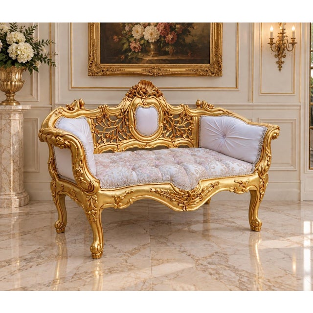 Late 20th Century Late20C French Louis XVI Gold Pink Damask Settee For Sale - Image 5 of 11