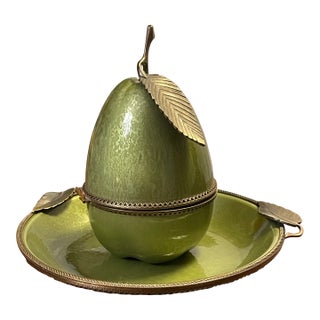 Mid 20th Century Evans Hand- Enameled Green Pear Lighter and Tray With Leaf Accent For Sale