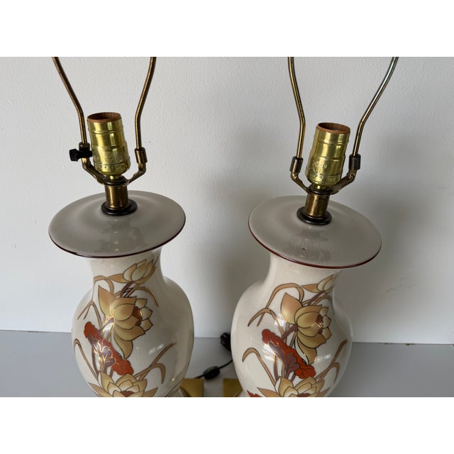 1970's Vintage Chinoiseries Style Floral Lotus Motif Ceramic Table Lamps - A Pair For Sale - Image 10 of 15