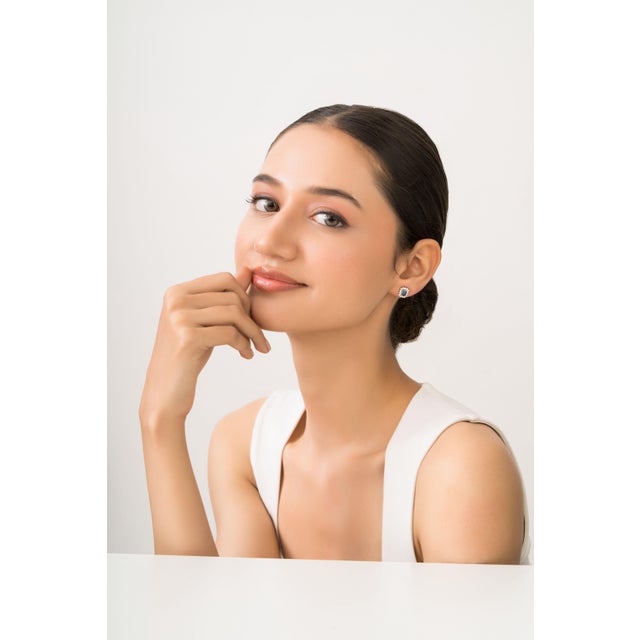 1.3ct Blue Sapphire Diamond Halo Art Deco Stud Earrings in 14k Yellow Gold- A Pair For Sale - Image 9 of 13