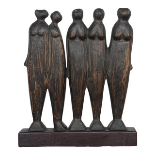 Vintage Modernist Abstract Hand-Carved Wooden Five Nude Women Sculpture For Sale
