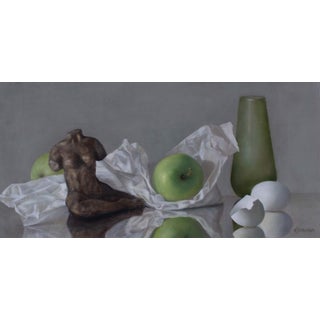 The Genesis of Femininity by Kelly Birkenruth | Oil on panel Still life with a sculpture and fruit For Sale