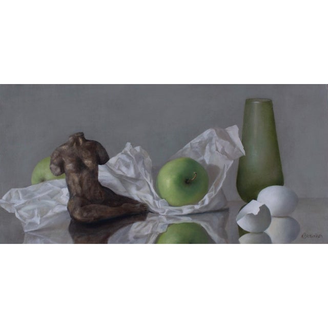 The Genesis of Femininity by Kelly Birkenruth | Oil on panel Still life with a sculpture and fruit For Sale