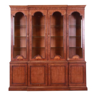 Henredon English Georgian Inlaid Yew Wood Breakfront Bookcase Cabinet For Sale