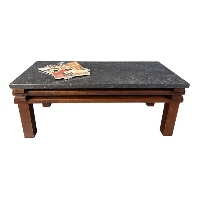 Vintage Belgian Stone and Wooden Coffee Table, 1970s For Sale