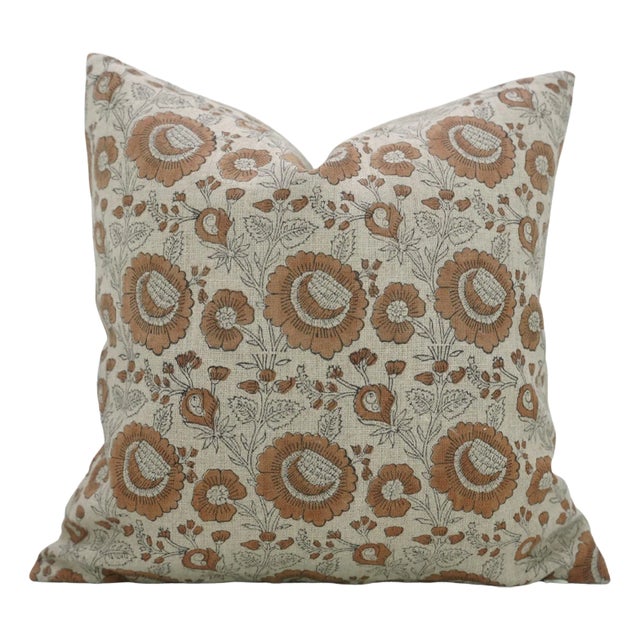 Throw Pillow Cover 14x14 Inch Handmade Block Print Cushion Thick Linen -Sun Flower For Sale