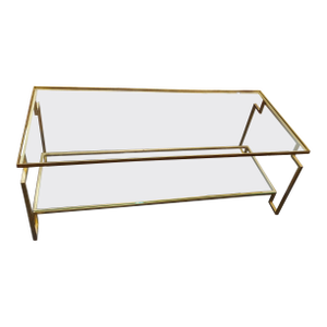 Post Modern Style “Apollo” Gilt Metal Coffee Table With Glass Top & Bottom Shelf