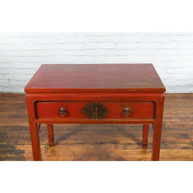 Metal Chinese Red Lacquer Early 20th Century Two Drawer Desk with Brass Hardware For Sale - Image 7 of 13