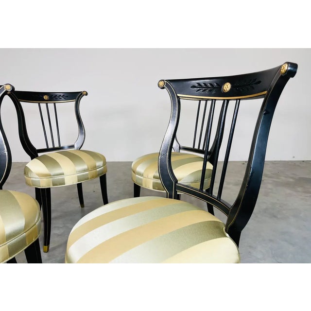Wood 4 Neoclassical Lyre Back Black & Gold Satin Occasional Side Chairs 1920s For Sale - Image 7 of 10