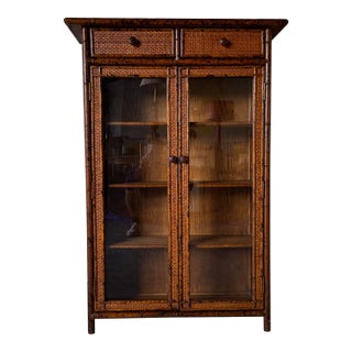 Vintage British Colonial Burnt Bamboo Glass Door Bookcase Cabinet or Vitrine For Sale