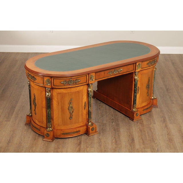 High Quality Mid 20th Century Egyptian Classical Revival Style Walnut Writing Desk Featuring A Green Leather Top With Gilt...