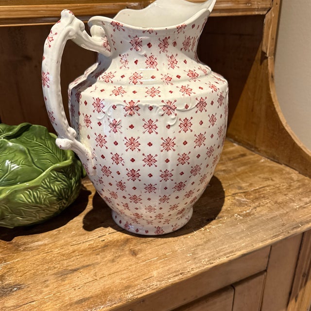 English Late 19th Century Rare Large Red and White Floral Transfer-Ware English Pitcher Star & f.w. & Co For Sale - Image 3 of 4