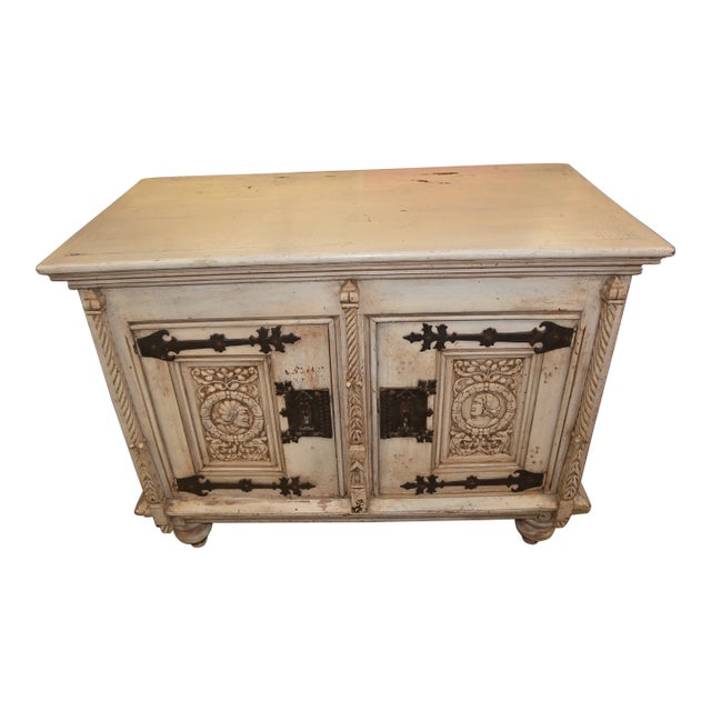 1940s Vintage Karpen Furniture Gothic Cream Wood Lockable Cabinet W/ Black Iron Strap Hinges & Carved Faces For Sale