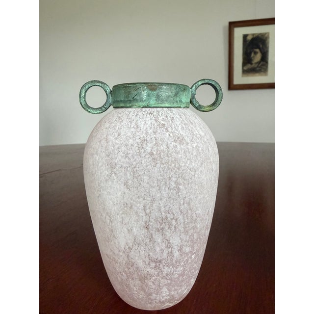 Pair of Scavo Murano-Style Glass Vessels Bud Vases Pink Verdigris Metal Handles For Sale - Image 17 of 18