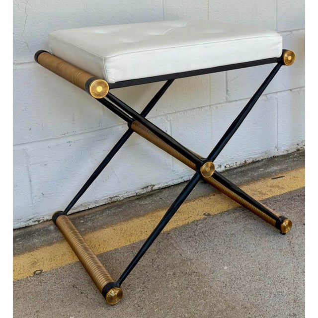 Original retail $1419, stylish Revelation Modern Ivory Tufted Leather X Marks the Spot Bench , tucked black and gold...
