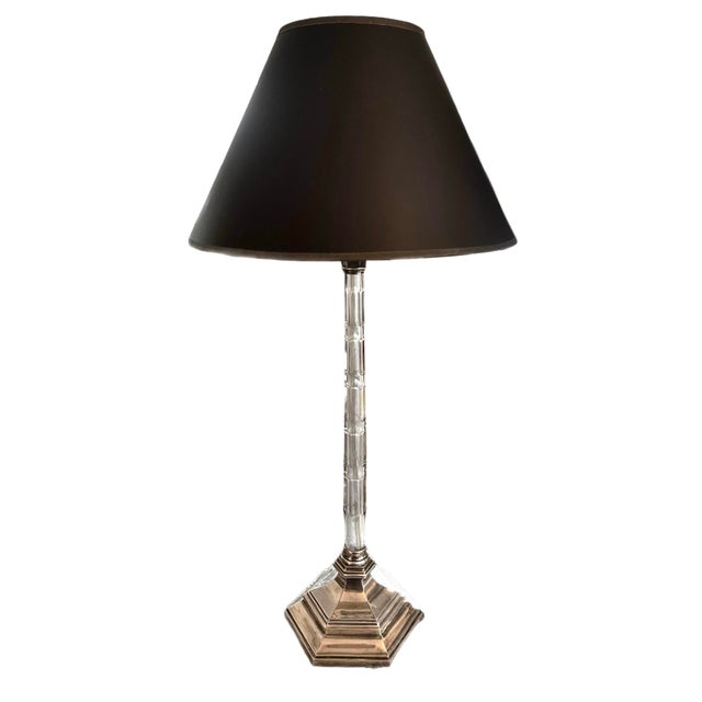 Elegant crystal candlestick lamp by Reed & Barton. Comes with black paper shade. 20.5 inches to top of socket. Circa mid...