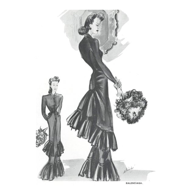 1939 French Balenciaga Couture Evening Dress Design Print For Sale