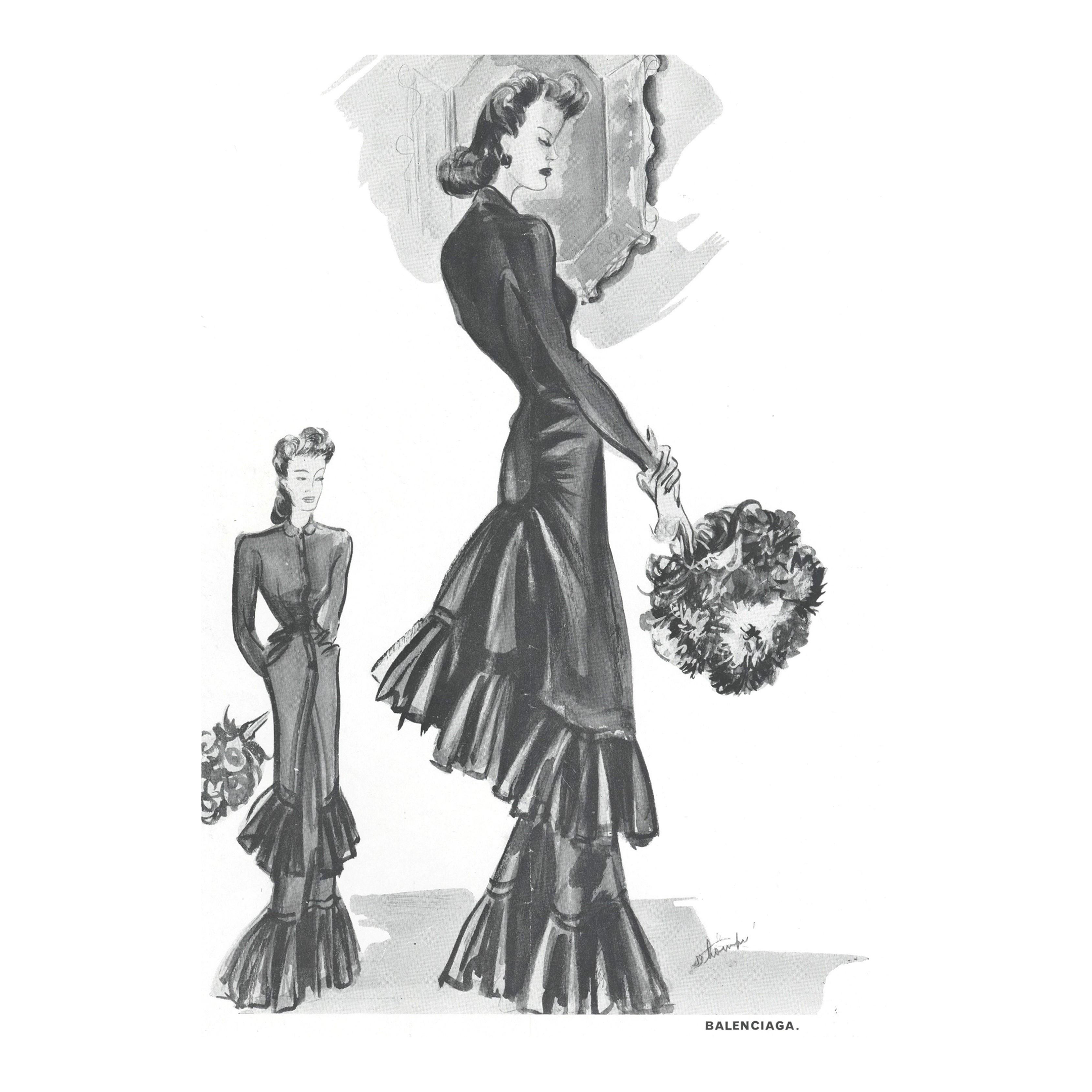 1939 French Balenciaga Couture Evening Dress Design Print, Matted | Chairish