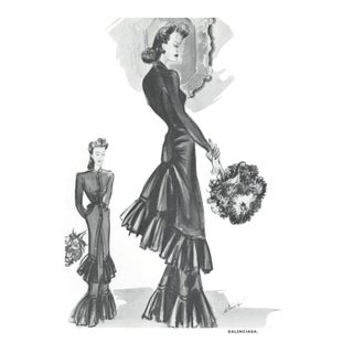 1939 French Balenciaga Couture Evening Dress Design Print, Matted For Sale