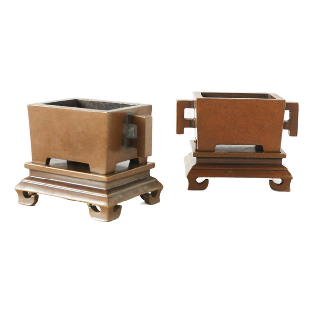 Pair of Bronze Censers on Carved Bases For Sale