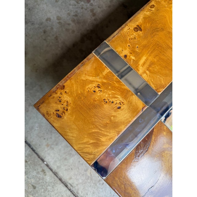 Postmodern Milo Baughman Attr Burlwood & Chrome Floating Coffee Table Vintage Mid Century For Sale - Image 3 of 12