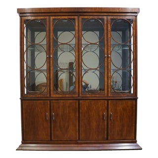 Hickory White Banded Mahogany Contemporary Modern Asian Inspired 79" Lighted Display China Cabinet For Sale