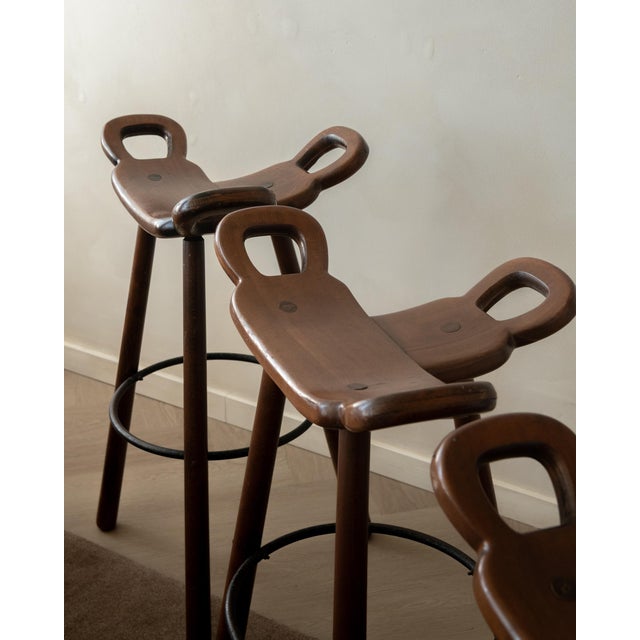 Black Vintage Spanish Brutalist Wooden Marbella Bar Stools from Confonorm, 1970s, Set of 3 For Sale - Image 8 of 18