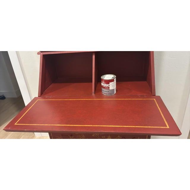 1990s 18th C Style Two Word Arts Red Chinoiserie Secretary Desk Bookcase (2 Pieces) With Custom Paint For Sale - Image 5 of 13