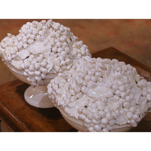 Pair of Mid-Century Italian Creamware Grape Cluster Compotes on Pedestal For Sale - Image 4 of 11