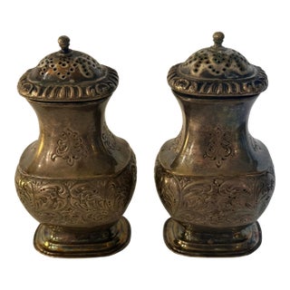 Pair of Vintage English Barker Ellis Silverplate Repoussé Salt & Pepper Shakers For Sale