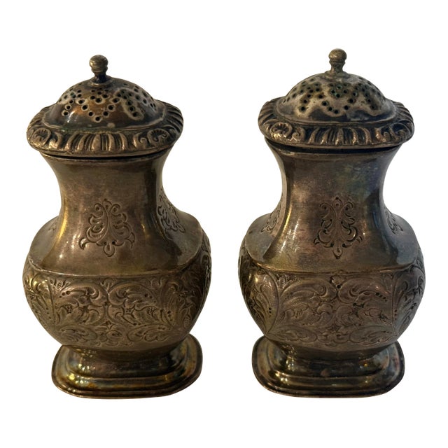 Pair of Vintage English Barker Ellis Silverplate Repoussé Salt & Pepper Shakers For Sale