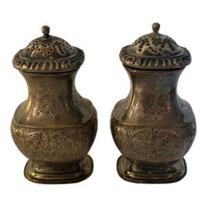 Pair of Vintage English Barker Ellis Silverplate Repoussé Salt & Pepper Shakers