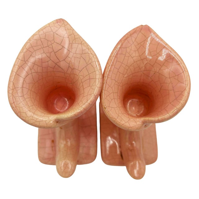 1950s Mid-Century Modern Pink Calla Lilly Horn Shaped Ceramic Vase, Pair For Sale - Image 4 of 8