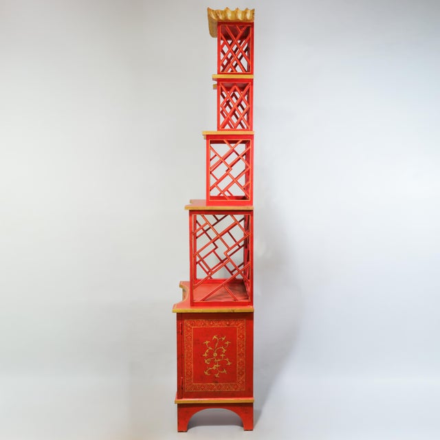 Red Vintage Chinoiserie Red Lacquer Duchess of Windsor Style Pagoda Etagere Cabinet For Sale - Image 8 of 18