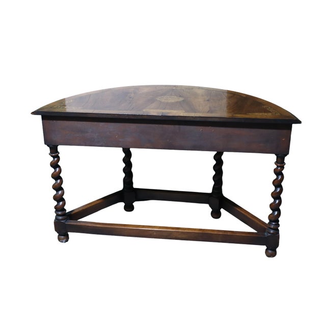 Antique Jacobean Style Walnut Hallway Demi Lune Table With Oak Inlay & Swirled Legs For Sale - Image 9 of 11