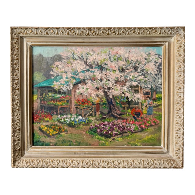 1961 Line Bloom Draper Impressionist Garden Oil Painting in Original Frame For Sale