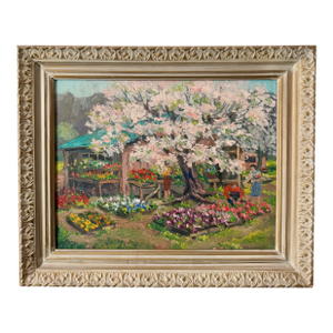 1961 Line Bloom Draper Impressionist Garden Oil Painting in Original Frame