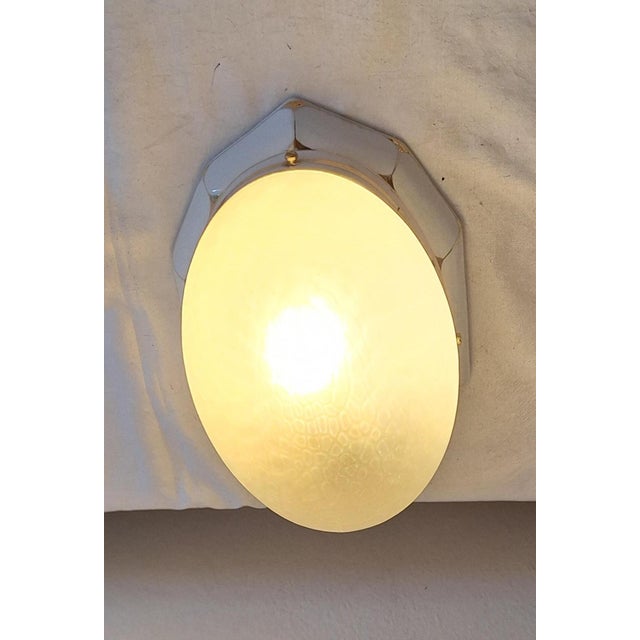 German Art Deco White Porcelain Ceiling Lamp with Oval Matt Glass Shade from Brunnquell, 1930s For Sale - Image 3 of 11
