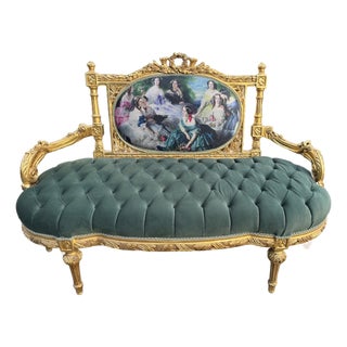 1970 French Louis XVI Gold Green Velvet Settee - 1 Pc For Sale