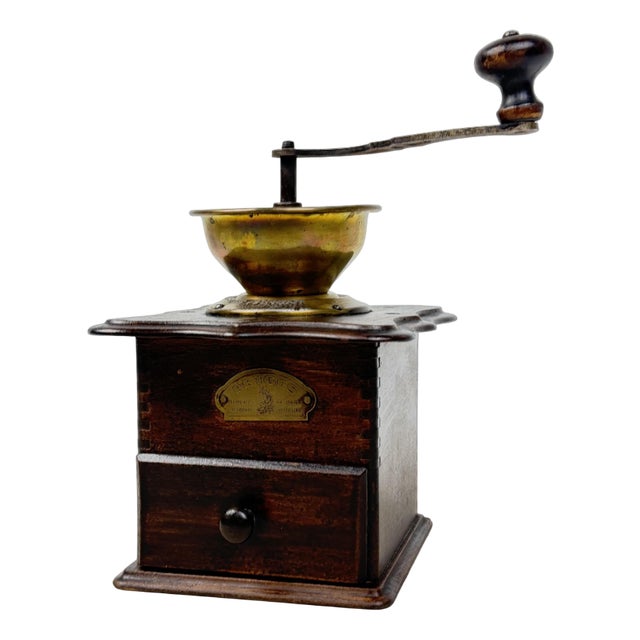 Antique Wooden and Brass Coffee Grinder, 1930s For Sale