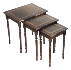French Wooden Nesting Tables with Brown Inlaid Leather, 1930s, Set of 3